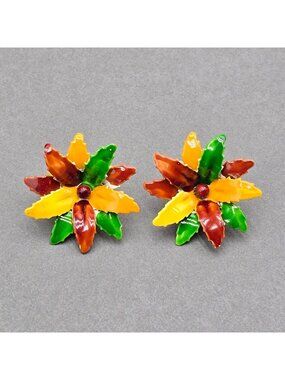 Vintage Lisner Enamel Poinsettia Clip On Earrings Mid-Century Floral Jewelry